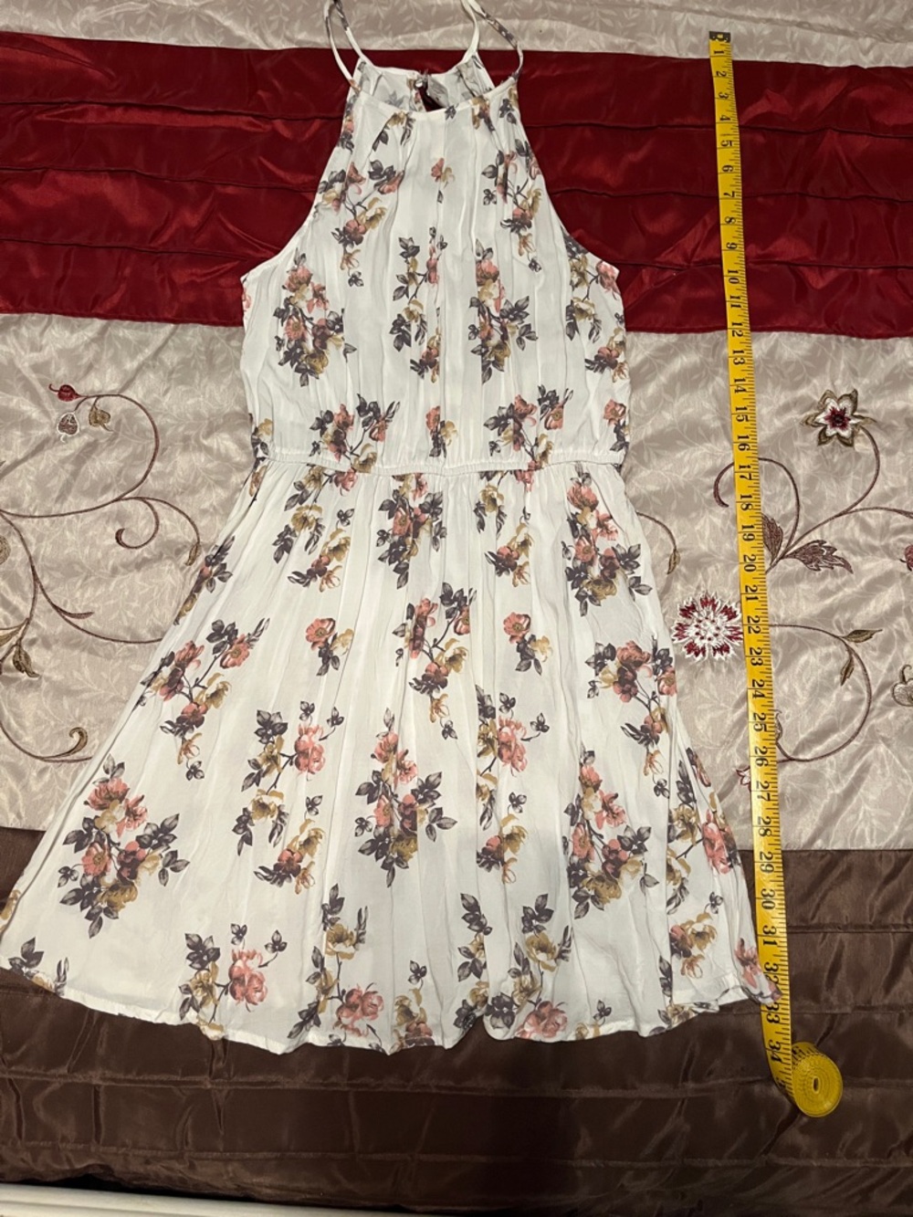 Halter Floral Mini Dress in White with Pink & Green Accents
